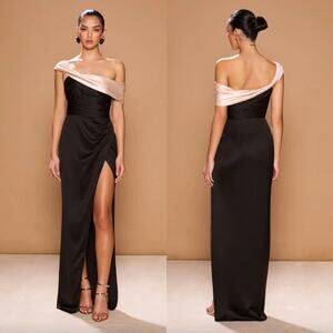 Sonya Moda | NWT Tuscany Gown in Noir Creme Black Ivory Satin Maxi Dress S